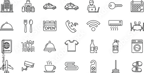 Hotel service line icons, hospitality accommodation symbols, travel stay amenities elements, minimal outline vector set, tourism facility collection illustration