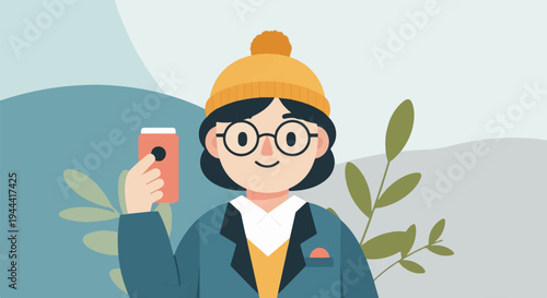 Cheerful individual in a hat and glasses holds a beverage amidst abstract foliage in a serene setting