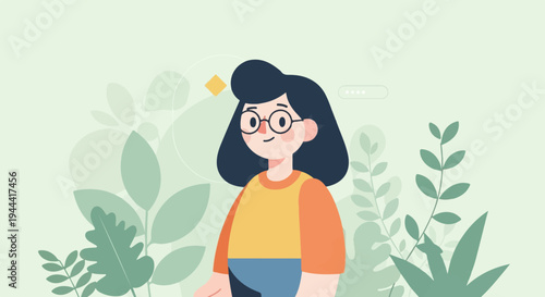 Whimsical illustration of a girl with dark hair and glasses, surrounded by plants