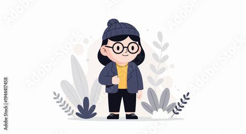 A young person with glasses and a beanie stands amidst stylized plants