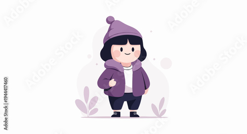 Cute cartoon character in purple winter clothing, standing with plants