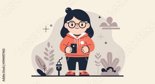 Young person in orange hoodie and glasses holding phone, surrounded by abstract plants