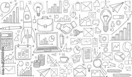 Business marketing strategy data analysis creative startup ideas and financial growth elements in a black and white hand drawn vector illustration doodle art