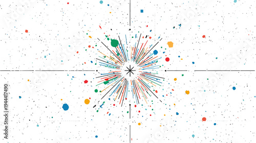 A vibrant abstract design features a central burst radiating colorful lines, surrounded by splatters and dots