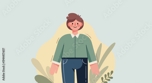 A minimalist illustration of a person with a collared shirt and jeans, surrounded by abstract shapes and foliage