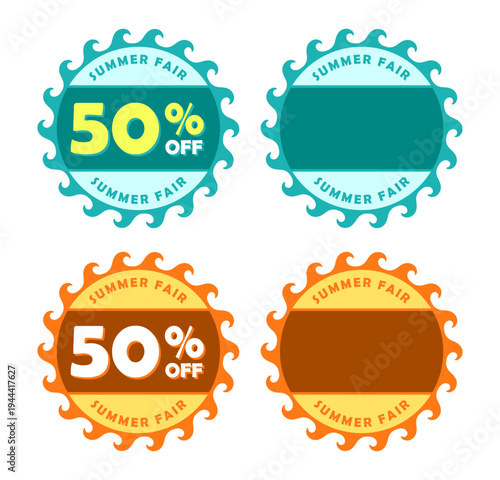 ターコイズティールの海の波模様とサンオレンジの太陽光を模した縁取りを施した５０％オフの文字入りおよび文字入れ可能なサマーフェア用割引ラベルバッジセット