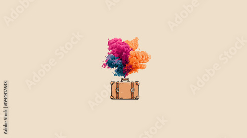 A vintage suitcase releases colorful smoke against a cream background