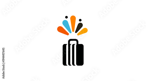 A black suitcase with a burst of color radiating from it. Simple design on a white background