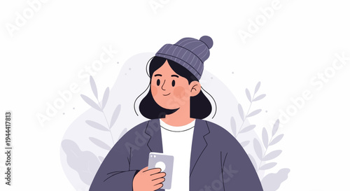 Young woman in beanie and jacket holding a phone, with floral background