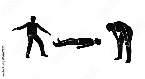 Three black silhouettes depict human figures in various poses suggesting distress or physical impact silhouette high quality professional detailed modern