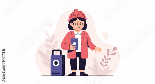 Stylish individual with luggage and book stands amidst abstract floral elements, hinting at travel or study