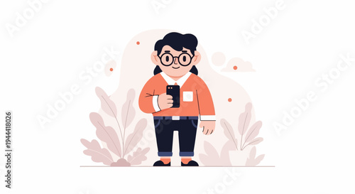 A stylized person in glasses holding a smartphone, surrounded by soft-colored plants