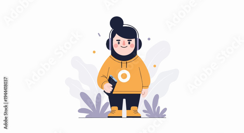 Cartoon character with headphones and phone amidst stylized leaves