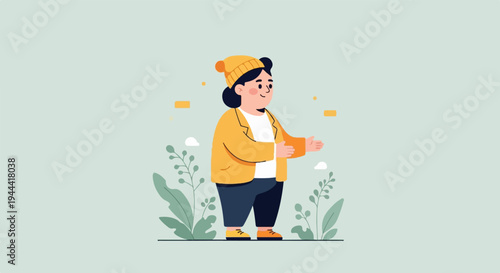 A smiling figure in yellow outerwear stands with open arms amidst stylized foliage and abstract shapes