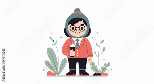 Character in winter hat and coat holding a warm beverage among plants