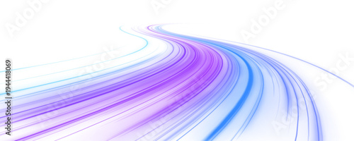 Bright purple and blue light streaks cut through a dark abstract background with glowing energy arcs. Motion blur creates a futuristic sense of acceleration. PNG for digital technology themes.