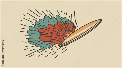 A surfboard appears to be carving through colorful plumes against a solid, off-white background