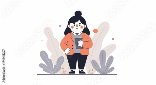 Chubby woman with dark hair in a bun, wearing a coral jacket and holding a book, surrounded by stylized plants