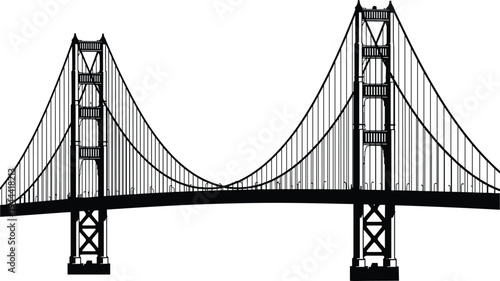 Golden Gate Bridge Silhouette Illustration with Suspension Towers and Cables, Famous San Francisco Landmark Architecture for Travel, Tourism, Cityscape and American Landmark Design