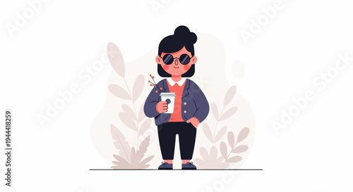 A stylish cartoon woman with dark hair and sunglasses holds a coffee cup, standing in a soft, minimalist floral setting
