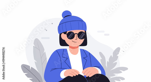 A person wearing a blue beanie and sunglasses, with a blue jacket and dark pants