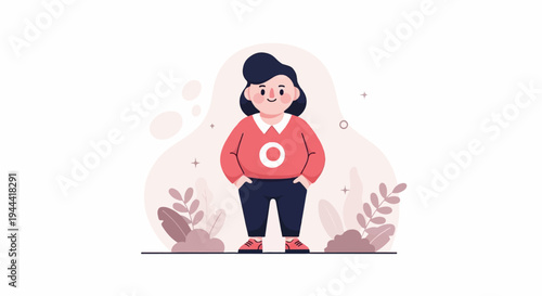 A stylized, smiling person in a red top and dark pants stands with hands in pockets