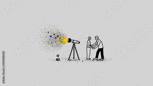 Two people holding hands as a telescope expels colorful dots on a gray backdrop
