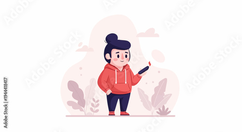 Cartoon character in red hoodie holds lit object, surrounded by soft shapes and plants