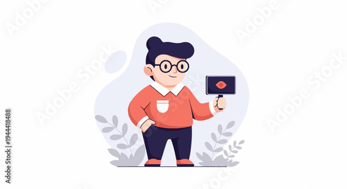 Cartoon character with glasses, orange sweater, and dark pants holding a device