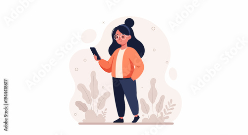 Young woman with dark hair, glasses, and orange jacket using phone amidst abstract shapes and plants