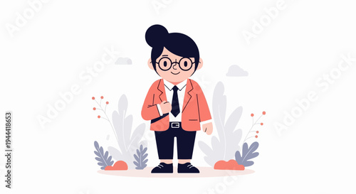 A charmingly simple cartoon depicts a person in professional attire standing amidst abstract foliage