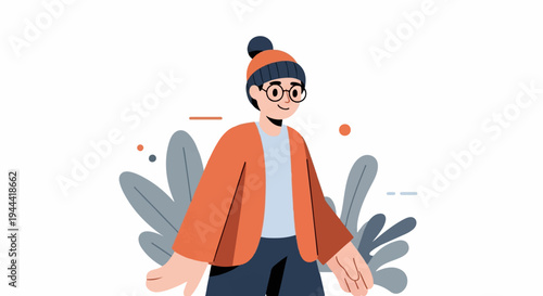 Young person in stylish outfit, wearing a beanie and glasses, with abstract plants