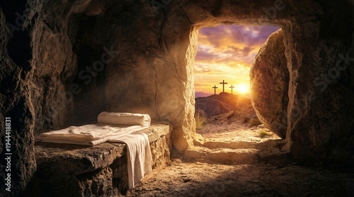 Morning resurrection scene: Empty tomb with shroud and three crosses on top of hill under shining golden sunrise - Christian concept of Easter hope