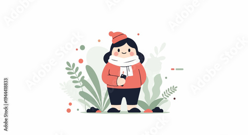 A cheerful person in winter attire holds a phone amidst stylized greenery and soft round shapes
