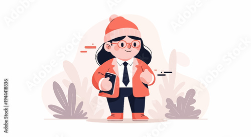 Chubby cartoon person in coral beanie, glasses, suit, and pants, holding a phone