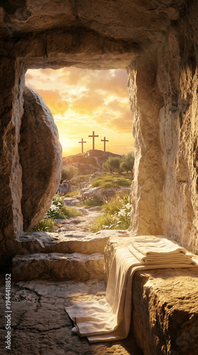 Morning resurrection scene: Empty tomb with shroud and three crosses on top of hill under shining golden sunrise - Christian concept of Easter hope