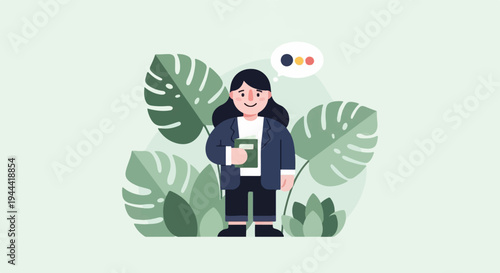 A smiling person in a suit stands surrounded by large, stylized green leaves