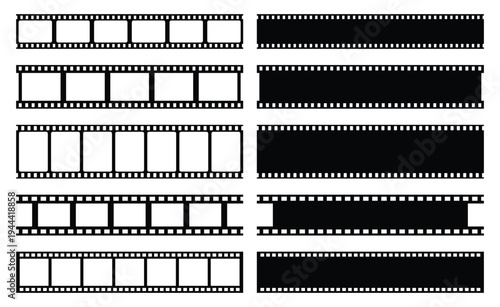 Set of film strip frame template with empty slots. Grunge vintage film strip for photo video filming. movie reel borders with distressed textures. Film strip roll. Retro film strip frame element sign.