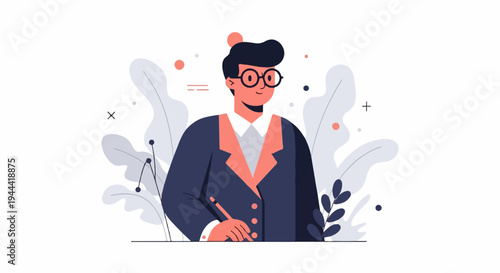 Confident man in glasses, wearing a suit, holds a pencil, surrounded by abstract foliage and dots