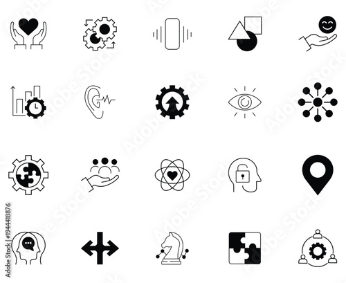 Collection of soft skills icon set. Containing  empathy, assertiveness, cultural, stress relief, flexibility, personality, problem-solving,  communication, humility, prioritization and more. Vector