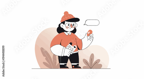 A person in a beanie and glasses holds an object, with a speech bubble above