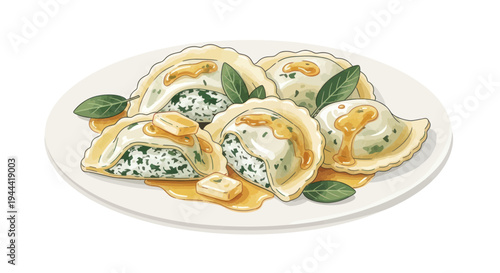 Delicious Ravioli Pasta with Cheese Filling and Herbs, Drizzled with Sauce