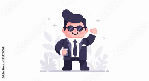 A happy businessman in a suit and sunglasses waves while holding a phone, surrounded by plants and sparkles