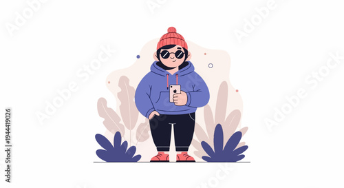 A person in a beanie, sunglasses, hoodie, and pants holds a phone