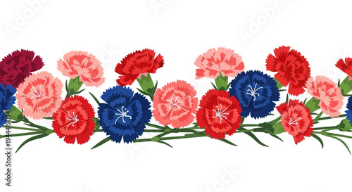 Embroidered Carnation Border - Red, Pink, and Blue Flowers