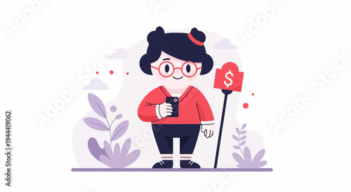 Cartoon character with glasses holding a phone near a sign with a dollar symbol