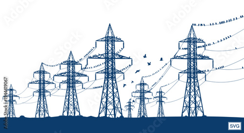 Flock of Birds on High Voltage Power Lines and Transmission Towers