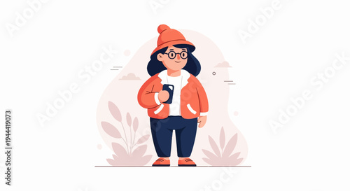 A young person in a hat, jacket, and pants holds a phone, surrounded by plants