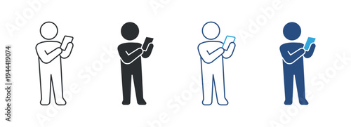 Mobile reading icon set, person using smartphone icon. Digital content browsing concept. Online reading symbol. Vector illustration.