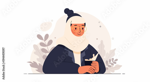 Animated person in hijab and glasses, holding a small object, with soft foliage in background